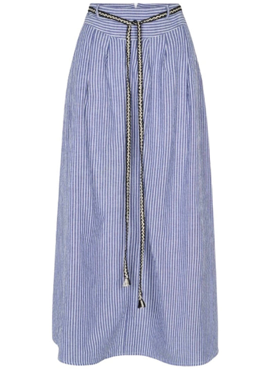 Blue and white striped skirt with a chain detail on a white background