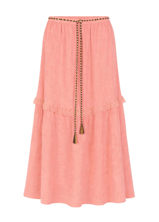 pink floaty long skirt in a coral pink 