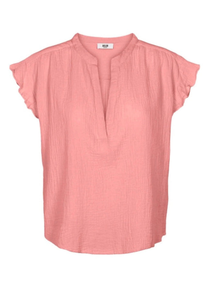 Pale pink cotton top with short ruffle sleeves