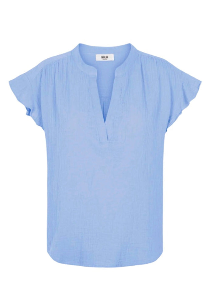 Pale blue short sleeve cotton top with notch neck