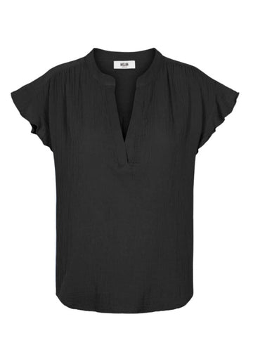 Black cotton top with short ruffle sleeves and a notch neck