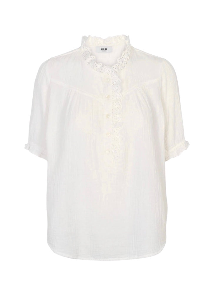 White cotton top with short sleeves and lace detail at the collar
