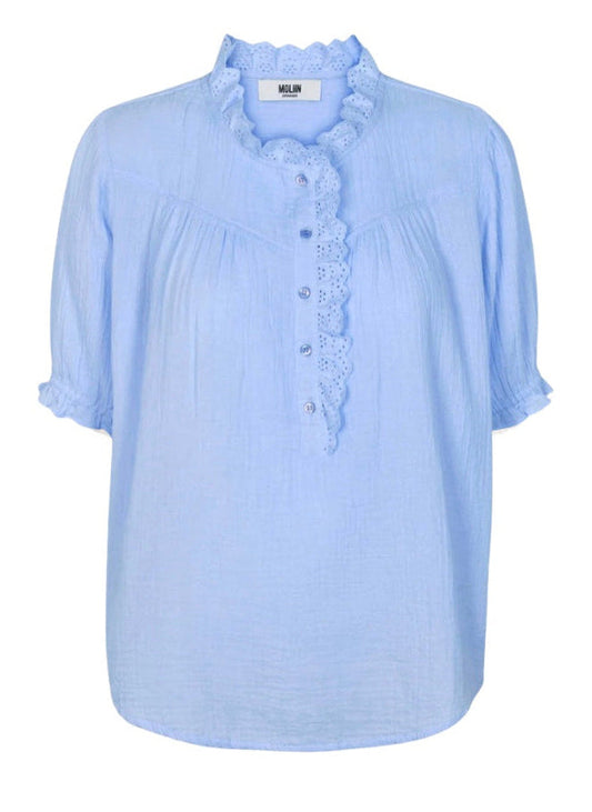 Pale blue short sleeve cotton blouse with lace detail at the neck