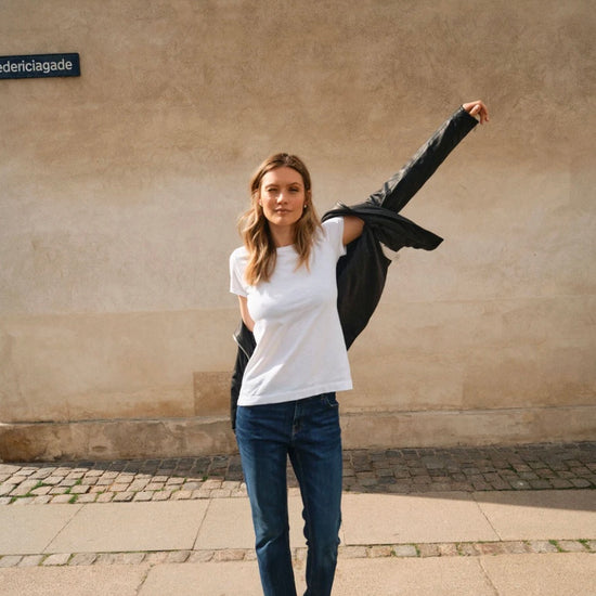 model wearing white round neck cotton t-shirt