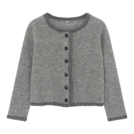 Gray cardigan with black buttons on a white background