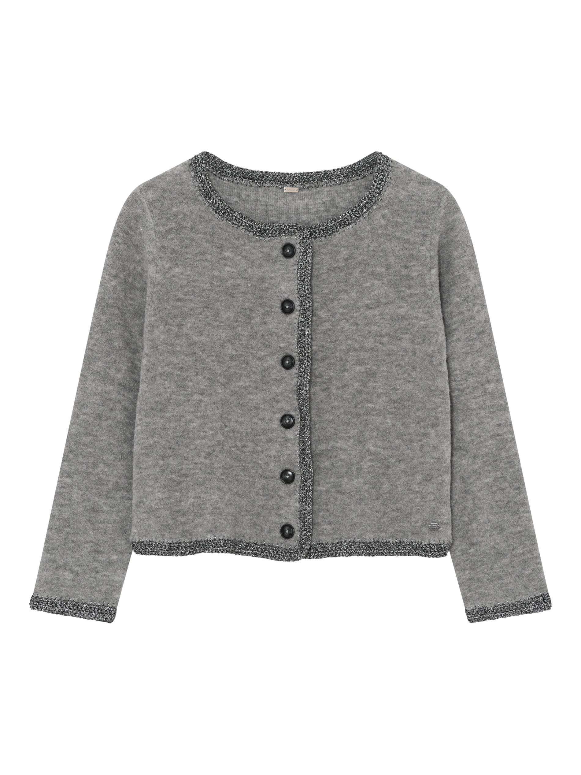 Gray cardigan with black buttons on a white background