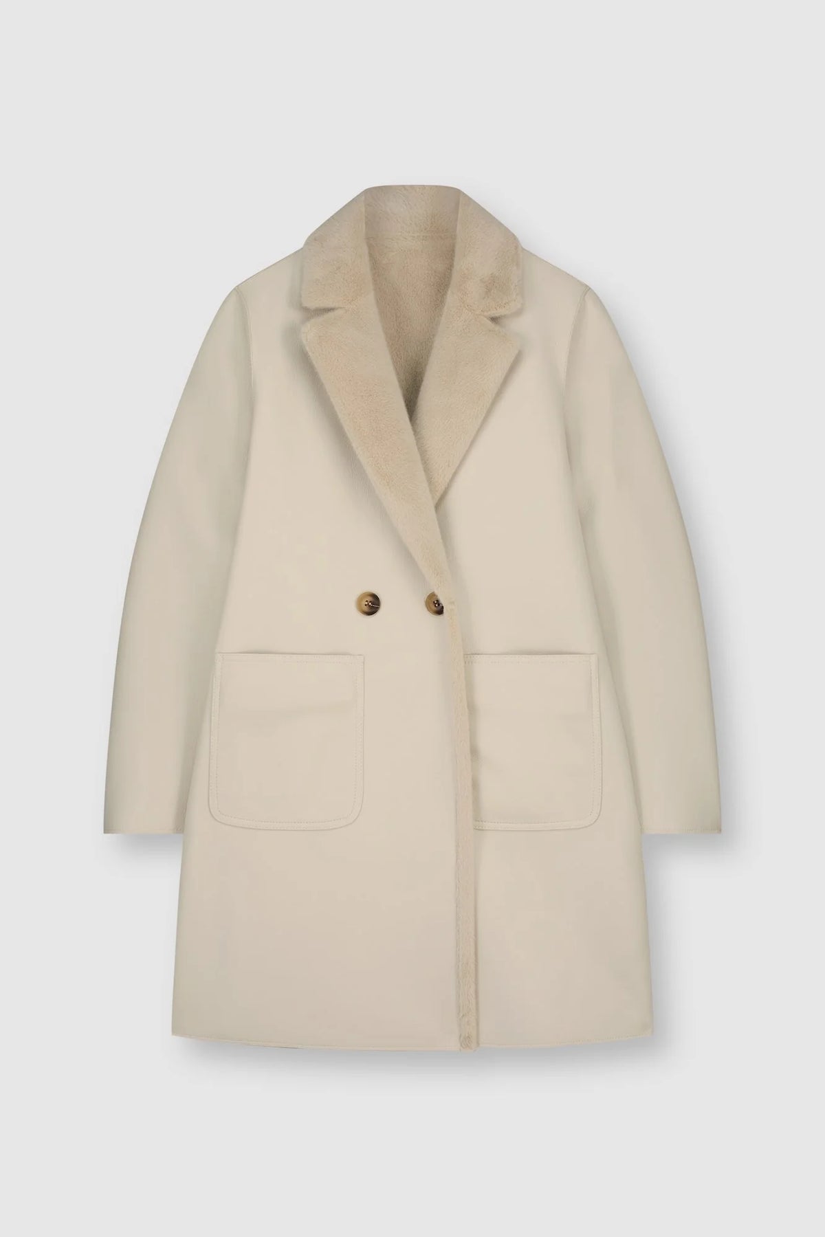 Faux leather and faux fur reversible coat with notch lapel and double button fastening with patch pockets