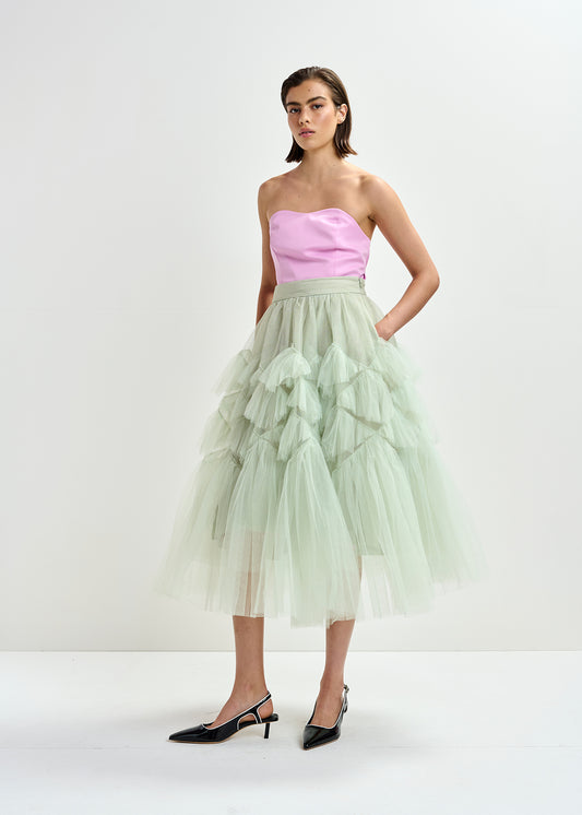 mid length voluminous tulle light green skirt
