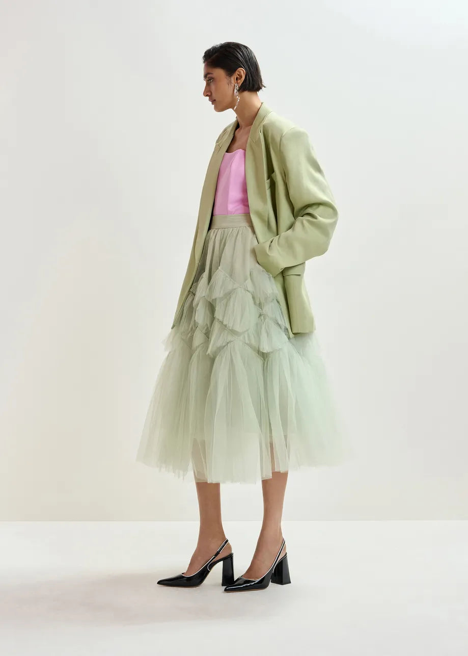 mid length voluminous tulle light green skirt model