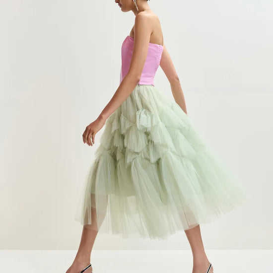 mid length voluminous tulle light green skirt side view