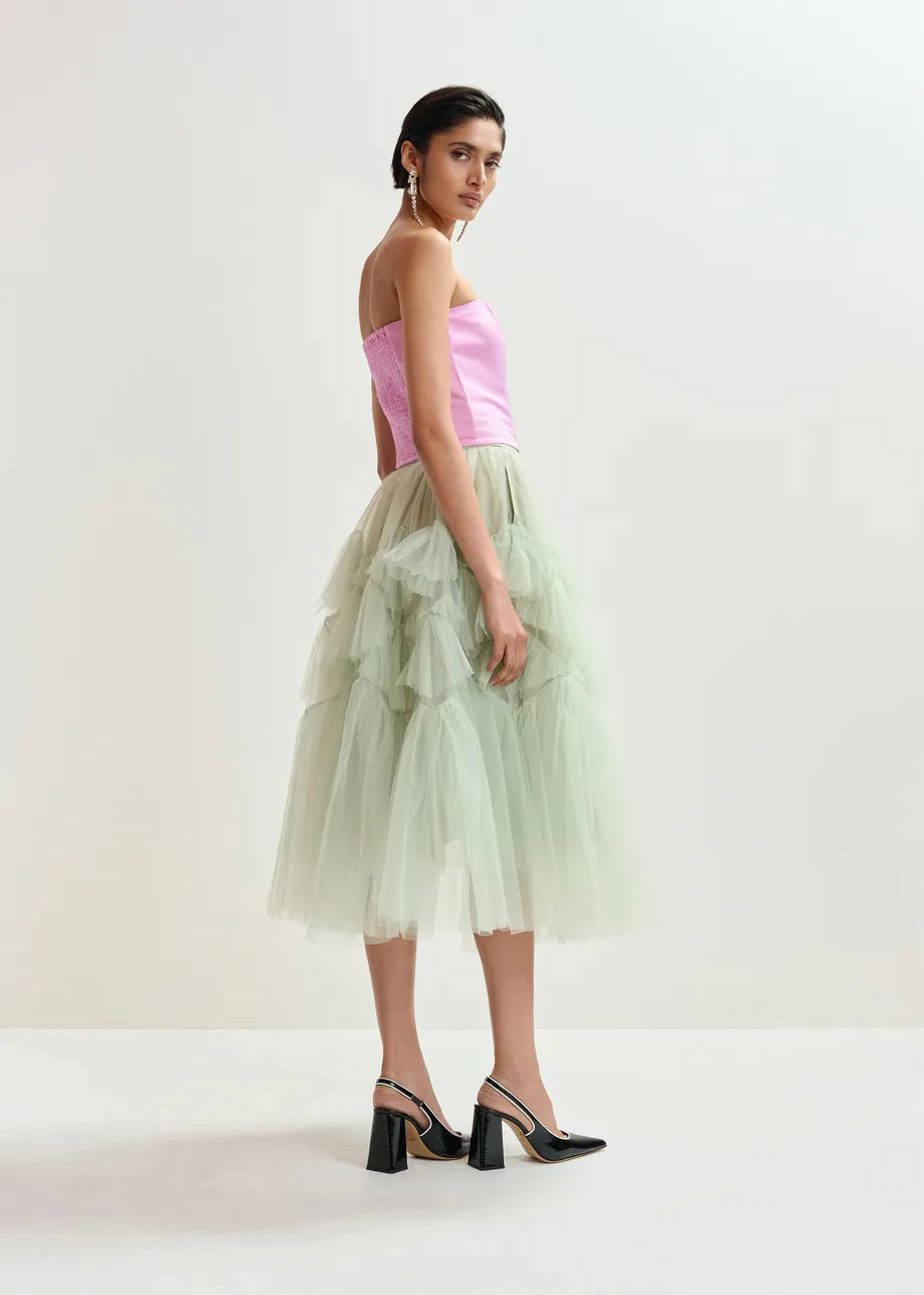 mid length voluminous tulle light green skirt side view