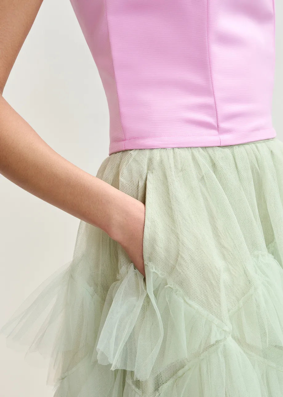 mid length voluminous tulle light green skirt close up