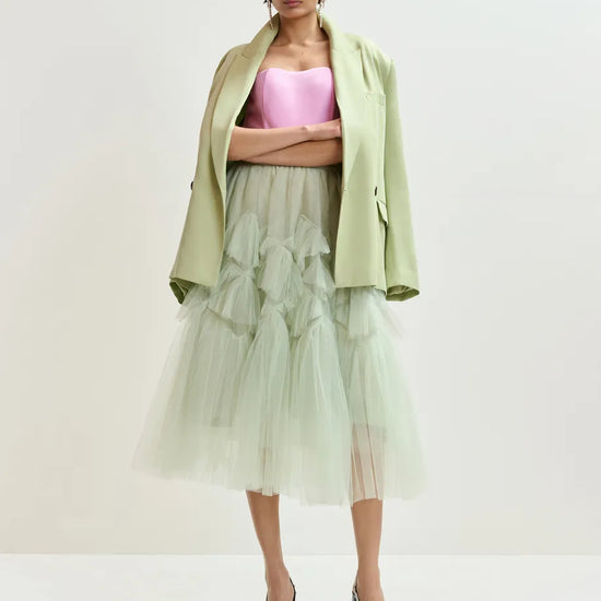 mid length voluminous tulle light green skirt model
