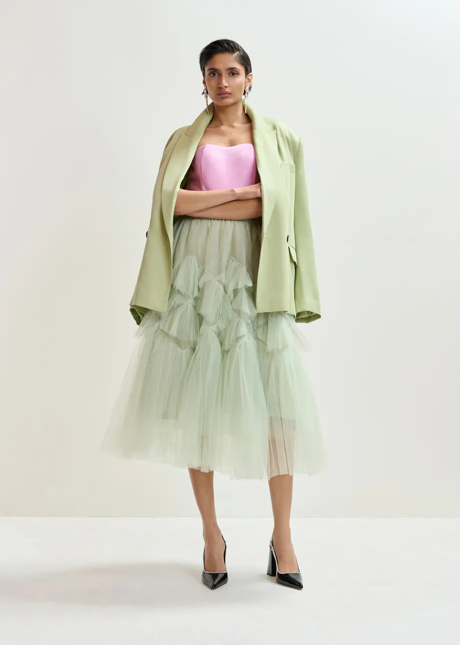 mid length voluminous tulle light green skirt model