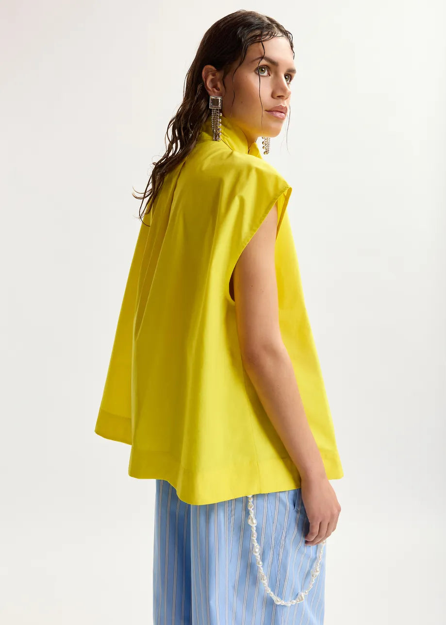 Woman wearing a yellow sleeveless top with blue striped pants on a white background