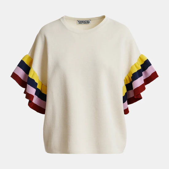 Beige sweater with colorful sleeves on a white background