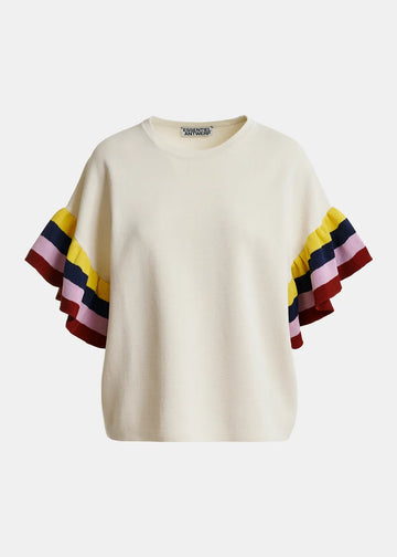 Beige sweater with colorful sleeves on a white background