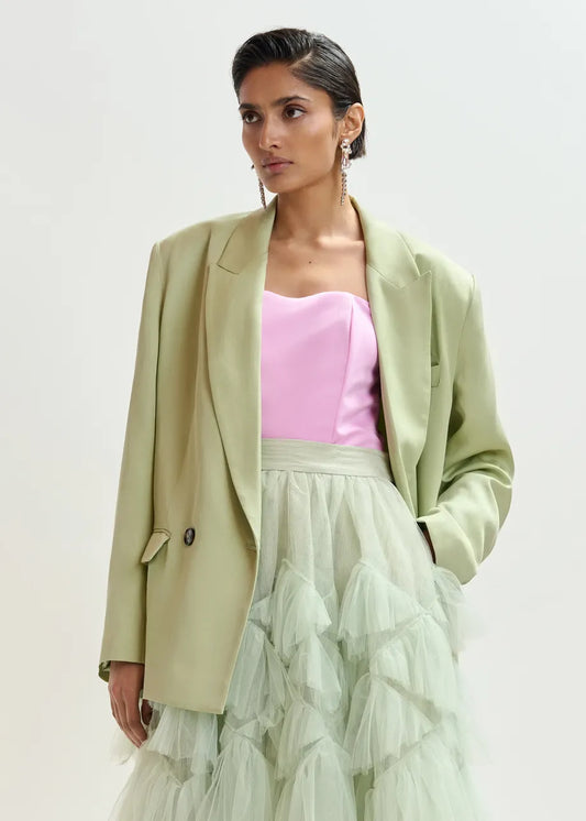light green double breasted oversized blazer from essentiel antwerp model shot