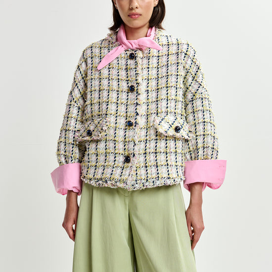 round neck with patch pocket yellow and beige tweed jacket 