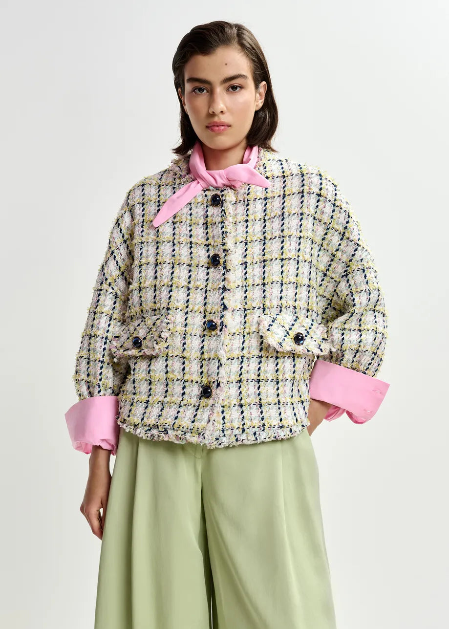 round neck tweed cropped jacket from essentiel antwerp model shot