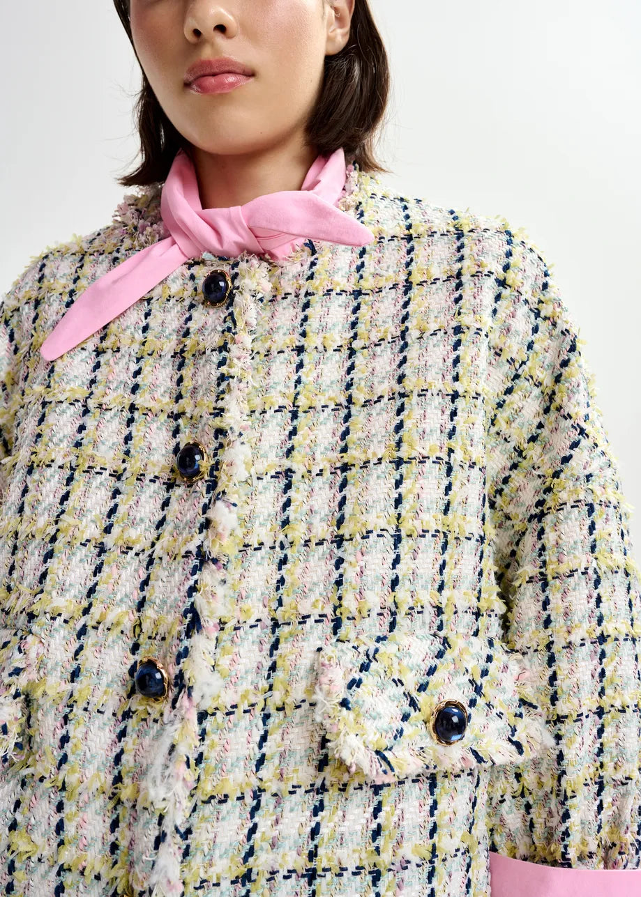 round neck tweed cropped jacket from essentiel antwerp close up