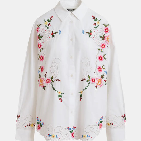 white collared shirt with floral embroidery all over
