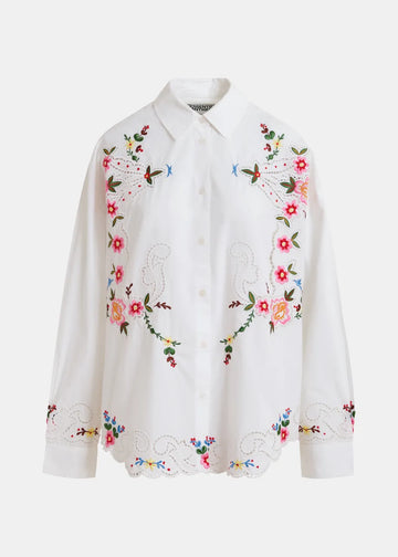 white collared shirt with floral embroidery all over
