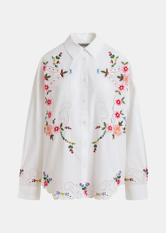 white collared shirt with floral embroidery all over
