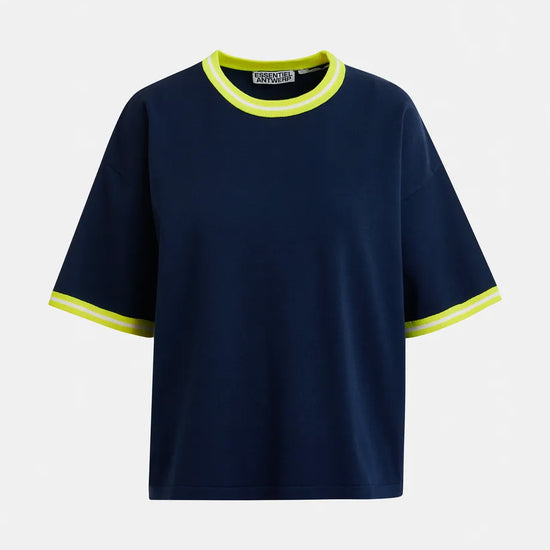 navy blue short sleeve top with yellow trim from essentiel antwerp