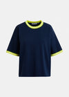 navy blue short sleeve top with yellow trim from essentiel antwerp