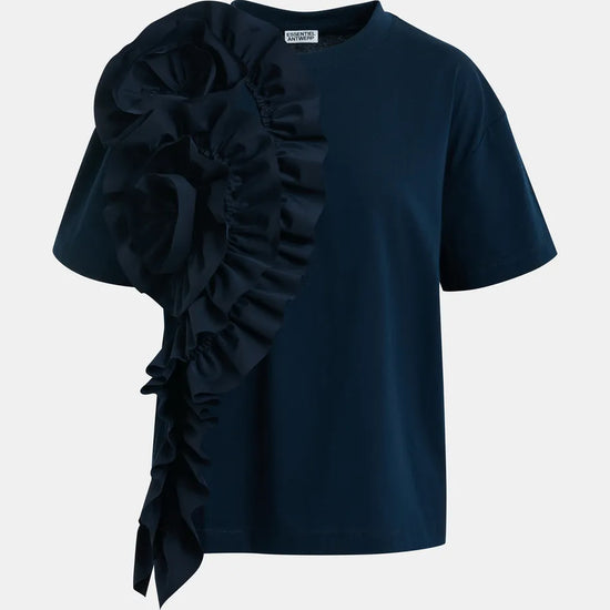 Navy blue blouse with ruffled details on a light gray background