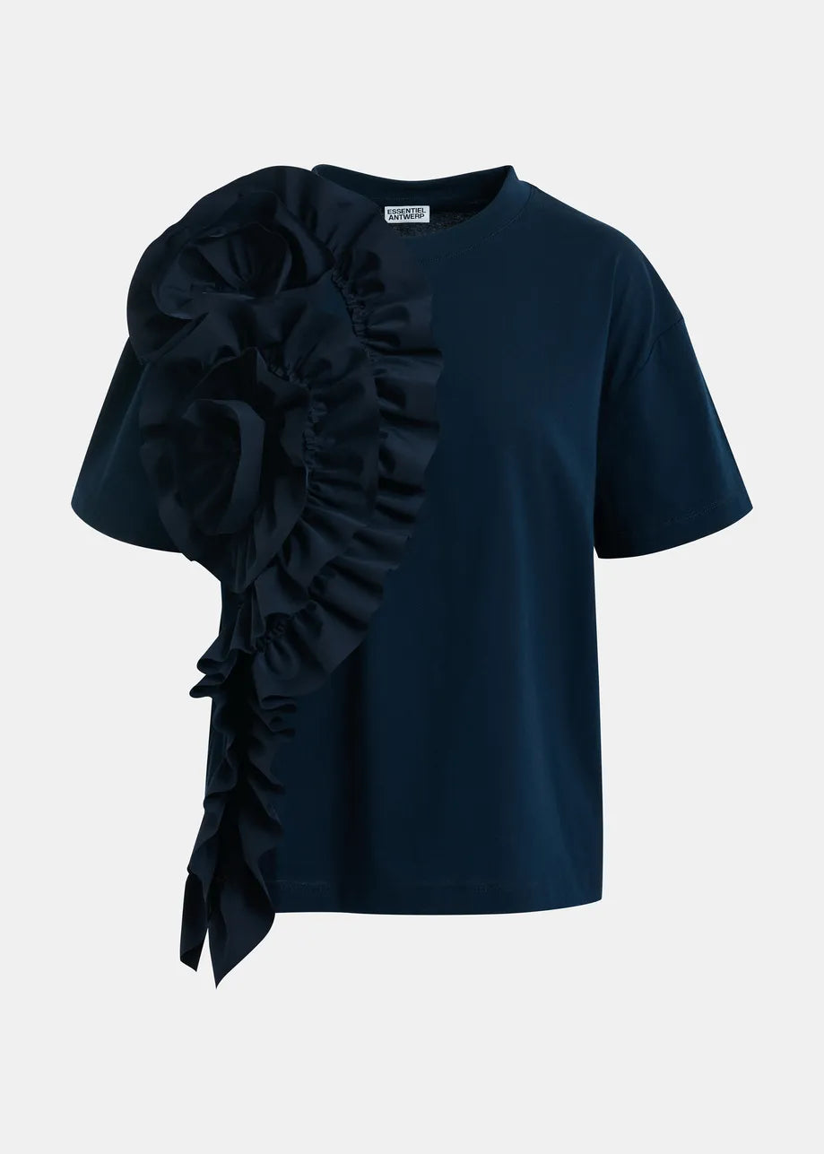 Navy blue blouse with ruffled details on a light gray background
