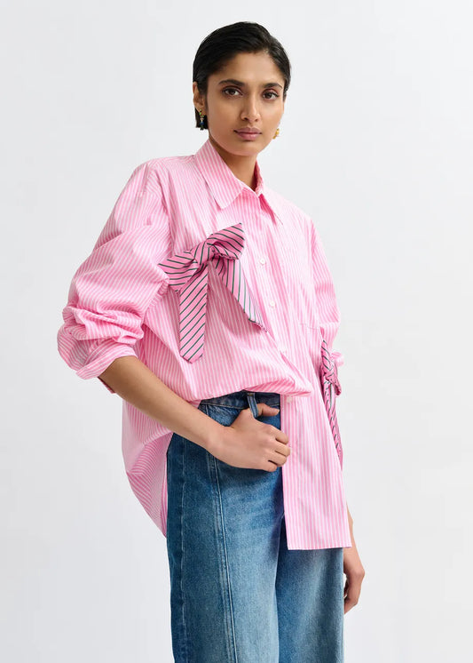 pink stripe shirt with 2 pink bows from essentiel antwerp model shot