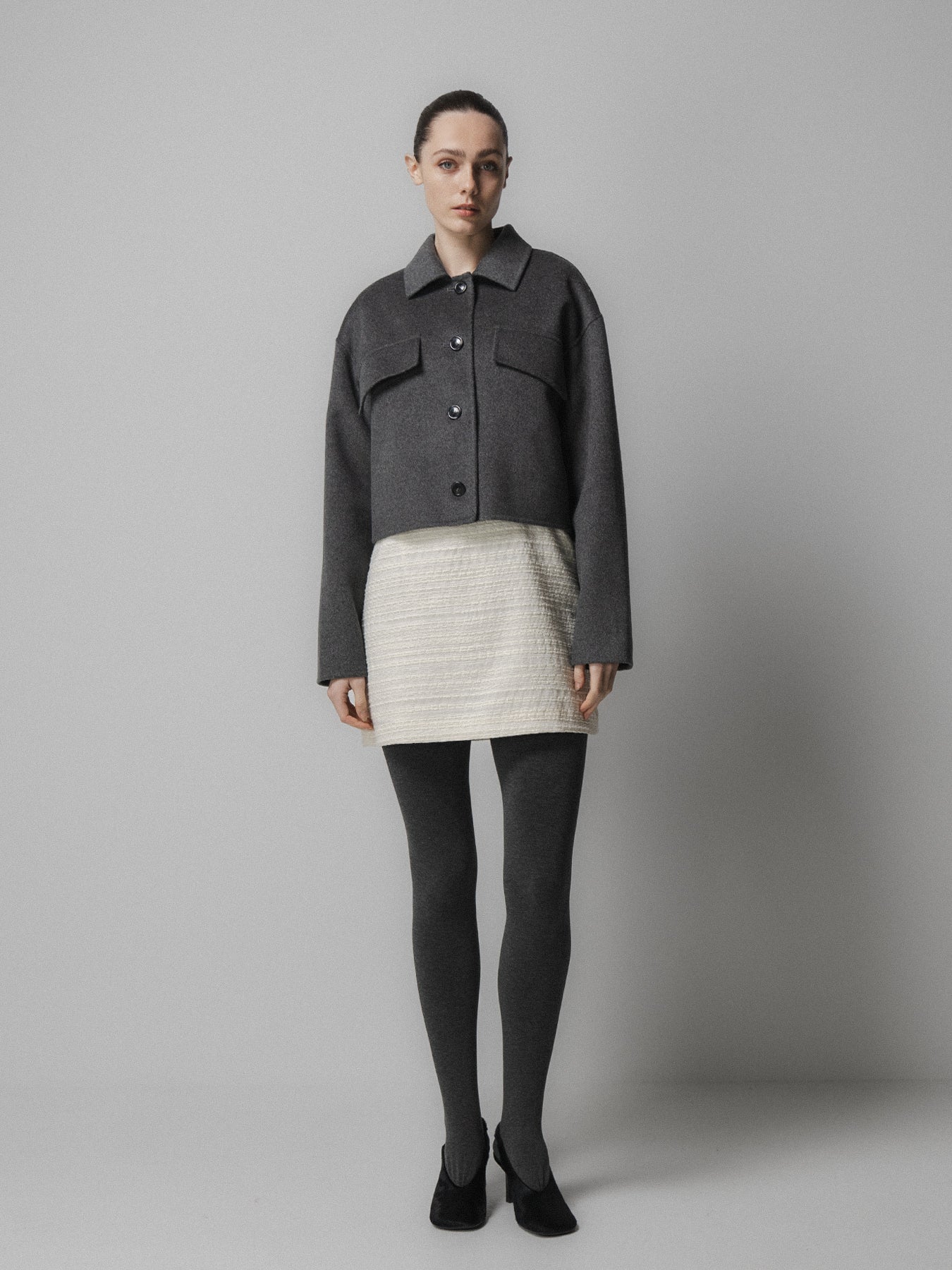 charcoal grey cashmere wool mix jacket with slanted welt flap pockets