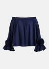 Navy blue skirt with floral details on a light gray background