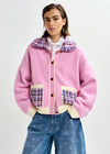 pink textured jacket with pattern collar and patch pockets