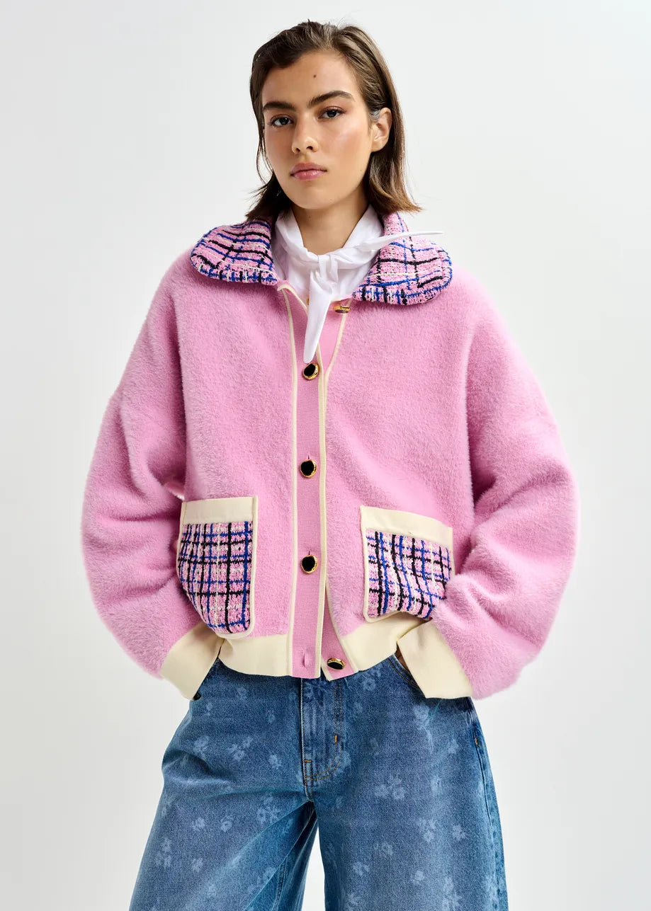 pink textured jacket with pattern collar and patch pockets