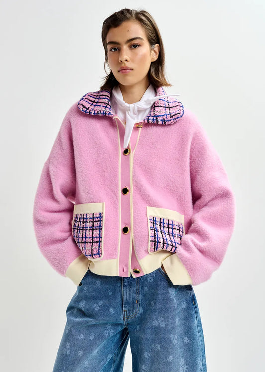 pink textured jacket with pattern collar and patch pockets