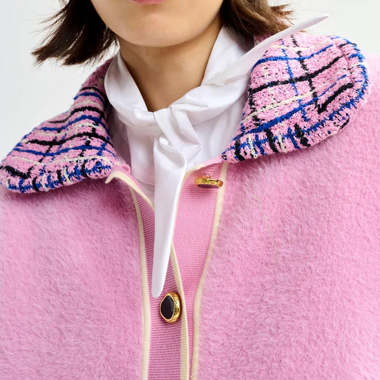 pink textured jacket with pattern collar and patch pockets close up