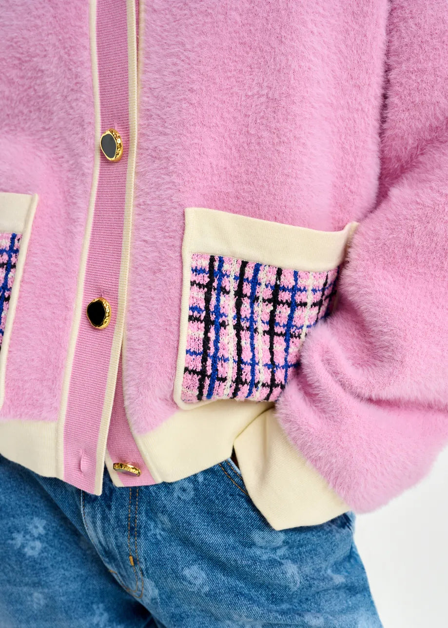pink textured jacket with pattern collar and patch pockets close up
