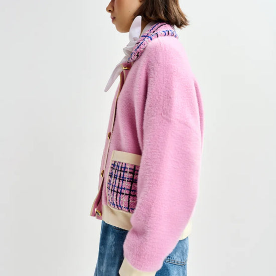 pink textured jacket with pattern collar and patch pockets side view