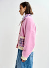 pink textured jacket with pattern collar and patch pockets side view