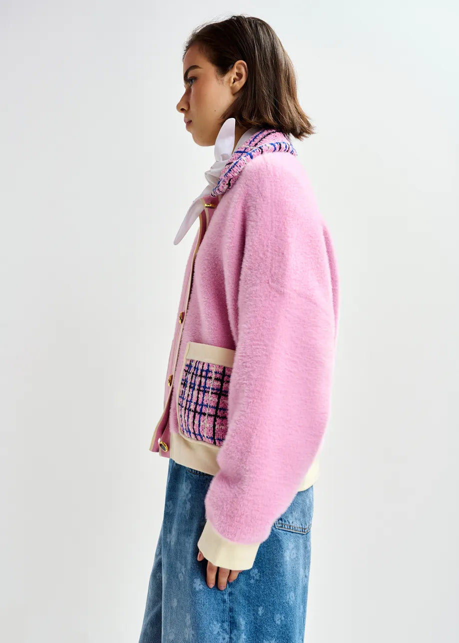 pink textured jacket with pattern collar and patch pockets side view