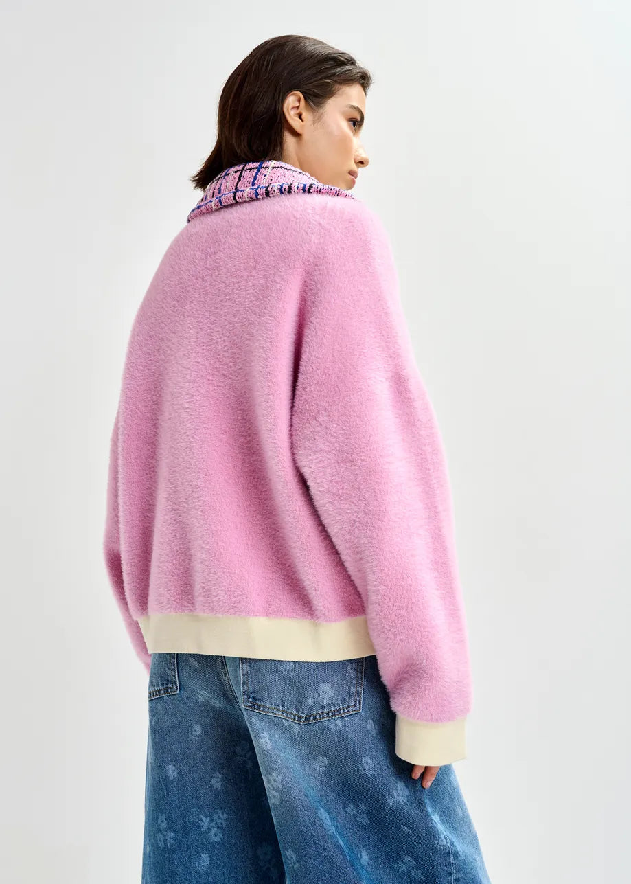 pink textured jacket with pattern collar and patch pockets rear 