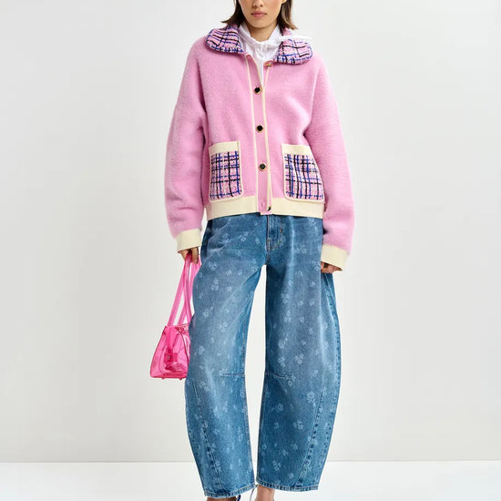 pink textured jacket with pattern collar and patch pockets model