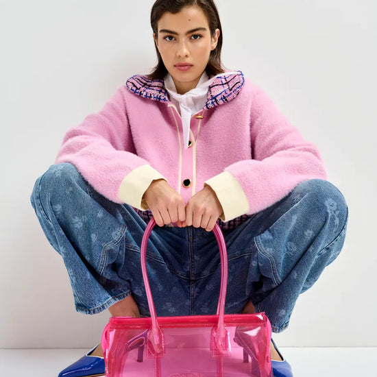 pink textured jacket with pattern collar and patch pockets model