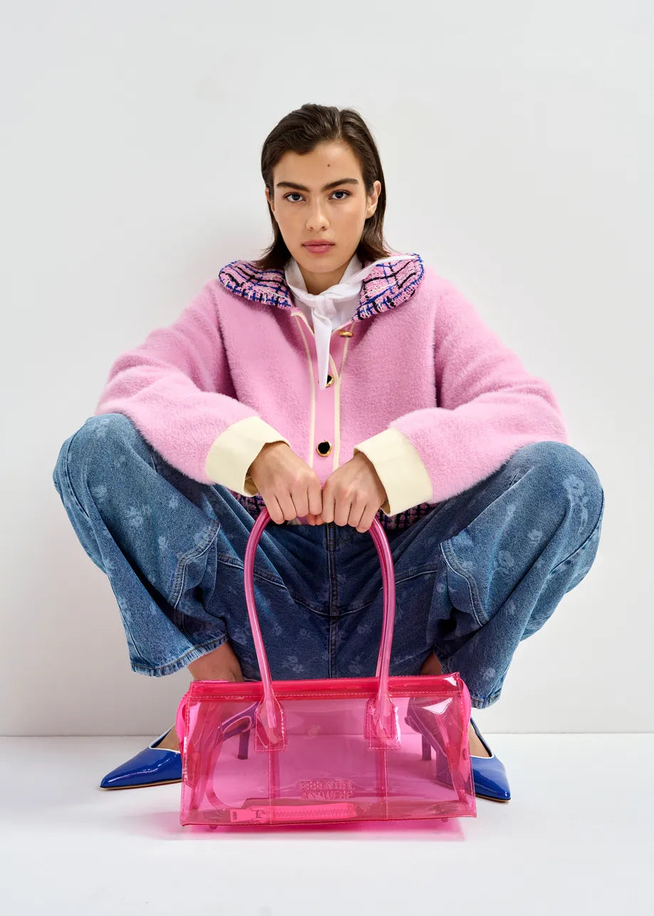 pink textured jacket with pattern collar and patch pockets model