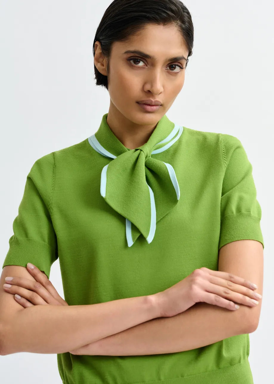 short sleeve green knit with tie at the neck model shot