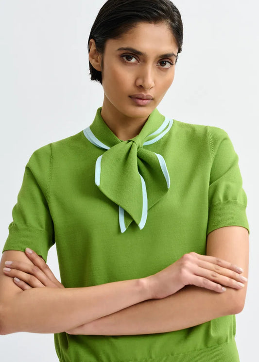 short sleeve green knit with tie at the neck model shot