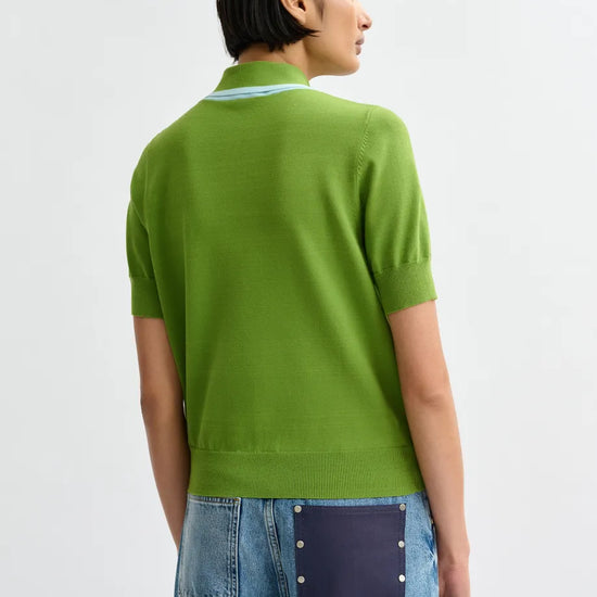 short sleeve green knit with tie at the neck rear
